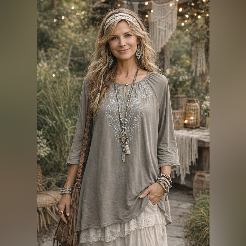 J. Jill Boho Embroidered Tunic Soft Sage Grey + Sky Blue Folk Vibe Top - Small